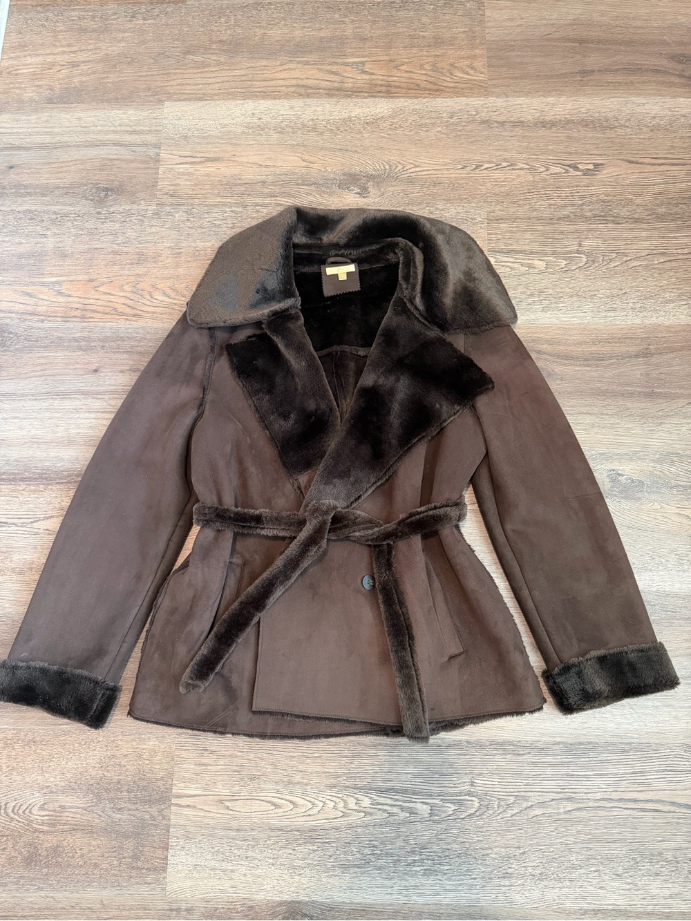 Wilsons Leather Faux Shearling Belted Jacket Brown Fur Trim XL Vintage